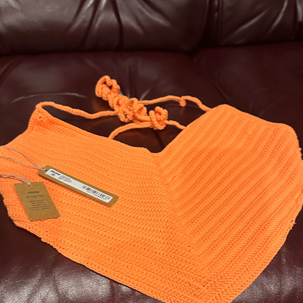 SKIMS Bright Orange Crochet Swim Top